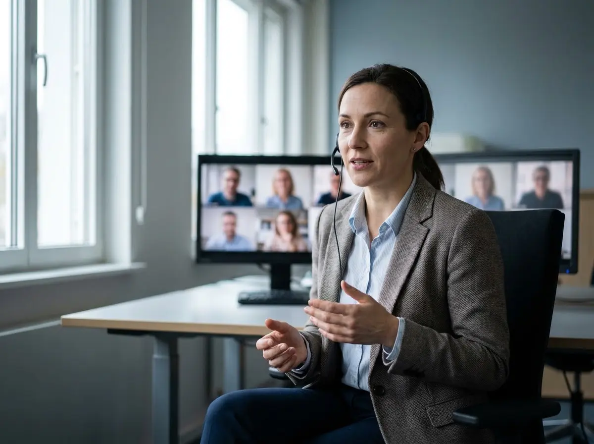 Interpreter with headset at a desk with a video-call grid