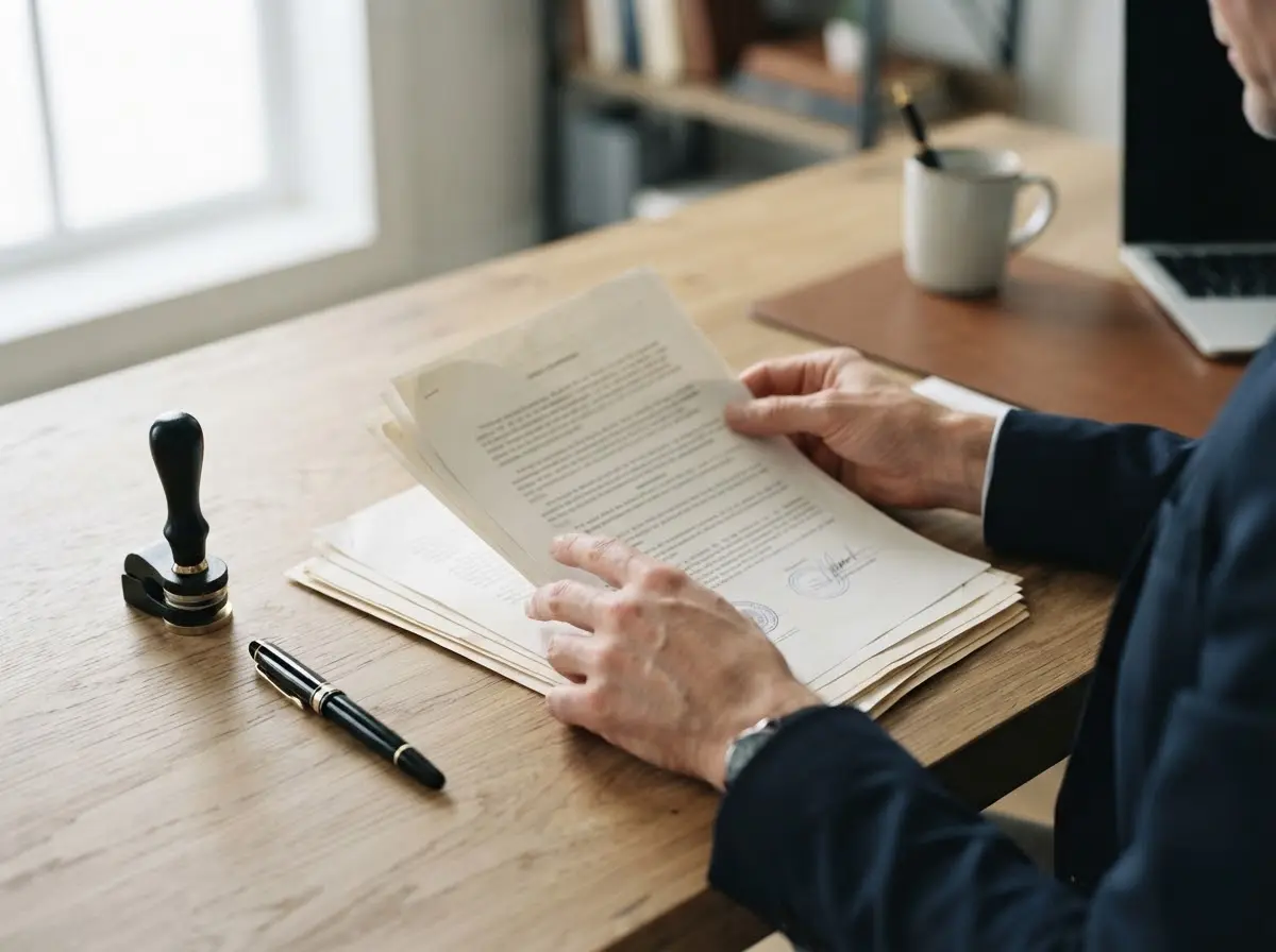 Person reviewing certified document translation for legal records and