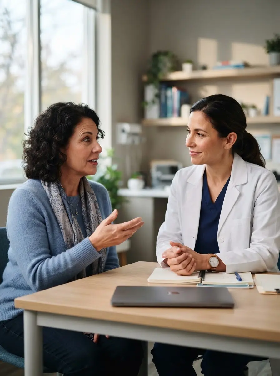 Doctor and patient communicating in a clinical setting, illustrating m