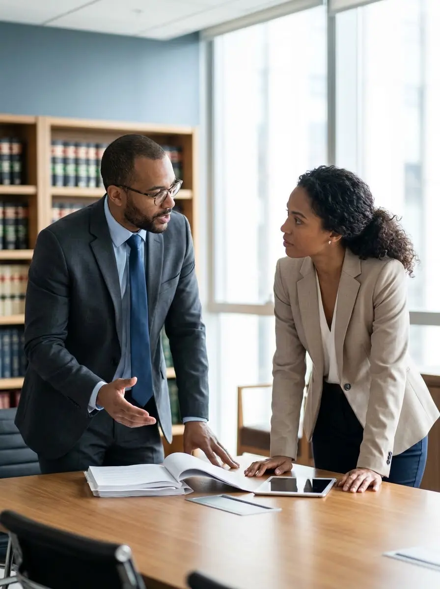 Legal professionals in consultation at a desk