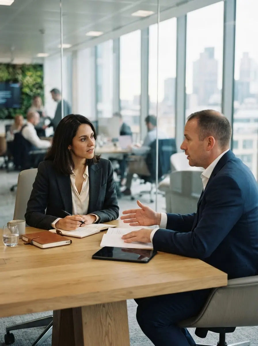 Business professionals discussing corporate language solutions in a mo